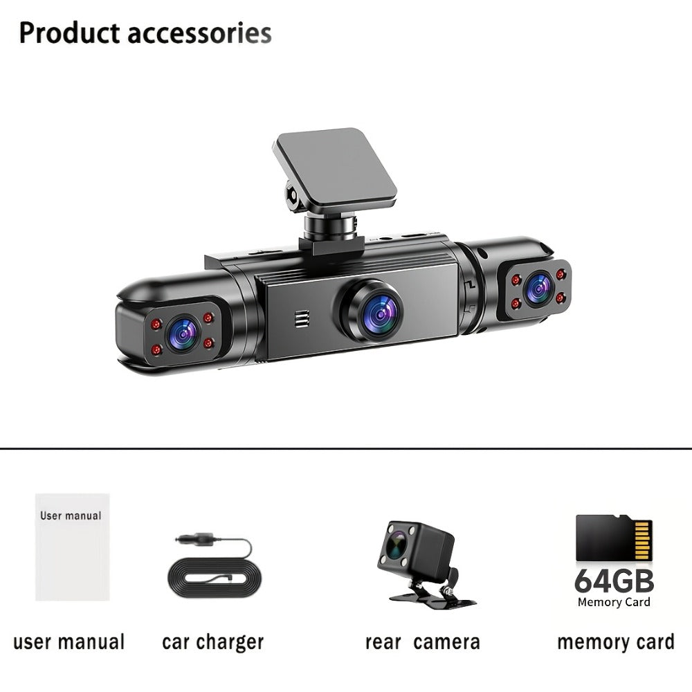 360° Panoramic Dash Cam 3 & 4 Lens 1080P HD Front + 720P Rear Left Right, Quad-Split Screen, HD Night Vision WDR G-Sensor Loop Recording