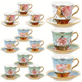 Floral Porcelain Tea Cups and Saucers Set of 12 – 5.4 Oz British Style Tea Party Cups – Classic Elegant Gift for Women