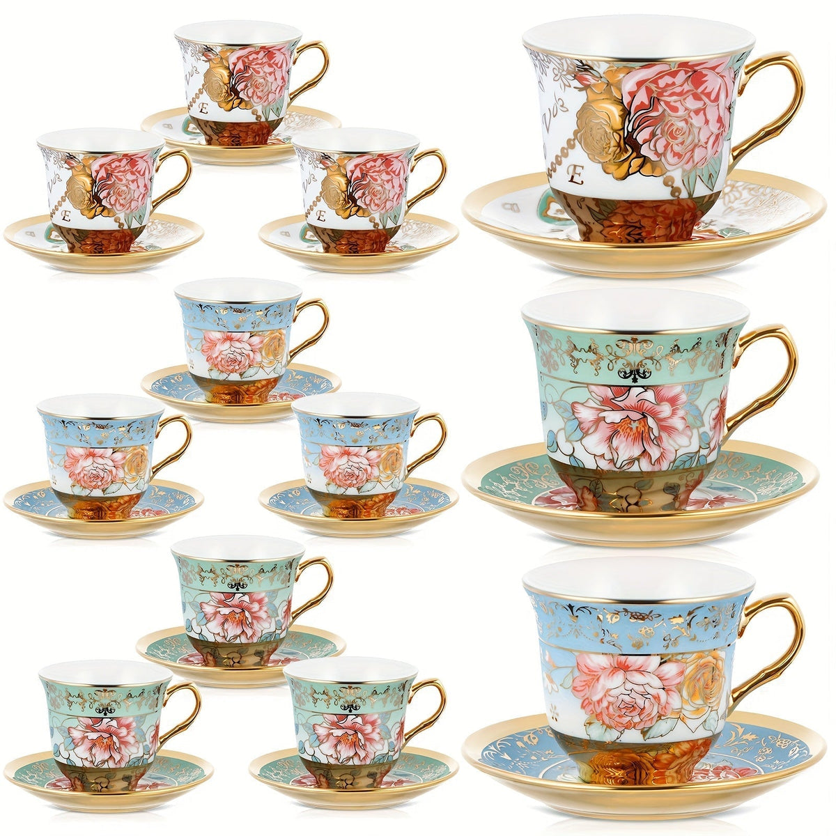 Floral Porcelain Tea Cups and Saucers Set of 12 – 5.4 Oz British Style Tea Party Cups – Classic Elegant Gift for Women