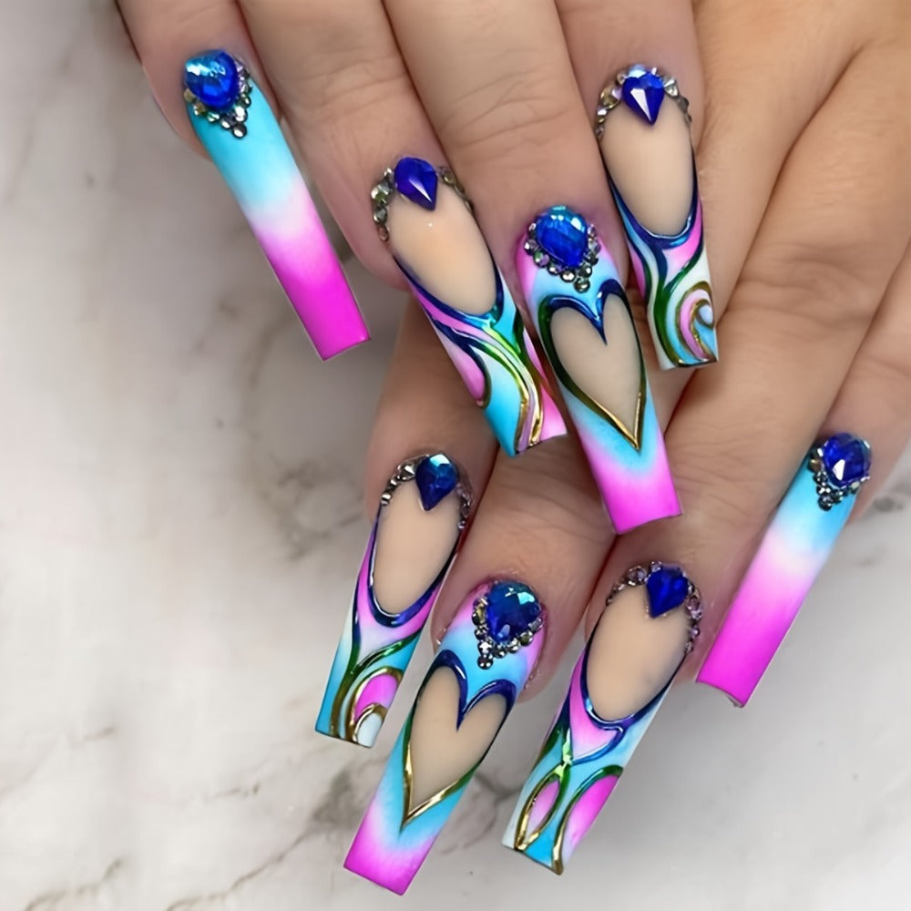Press On Nails 120-Piece Extra-Long Set in Five Boxes with Cosmic, Crystal, Matte, Stripe and Floral Designs