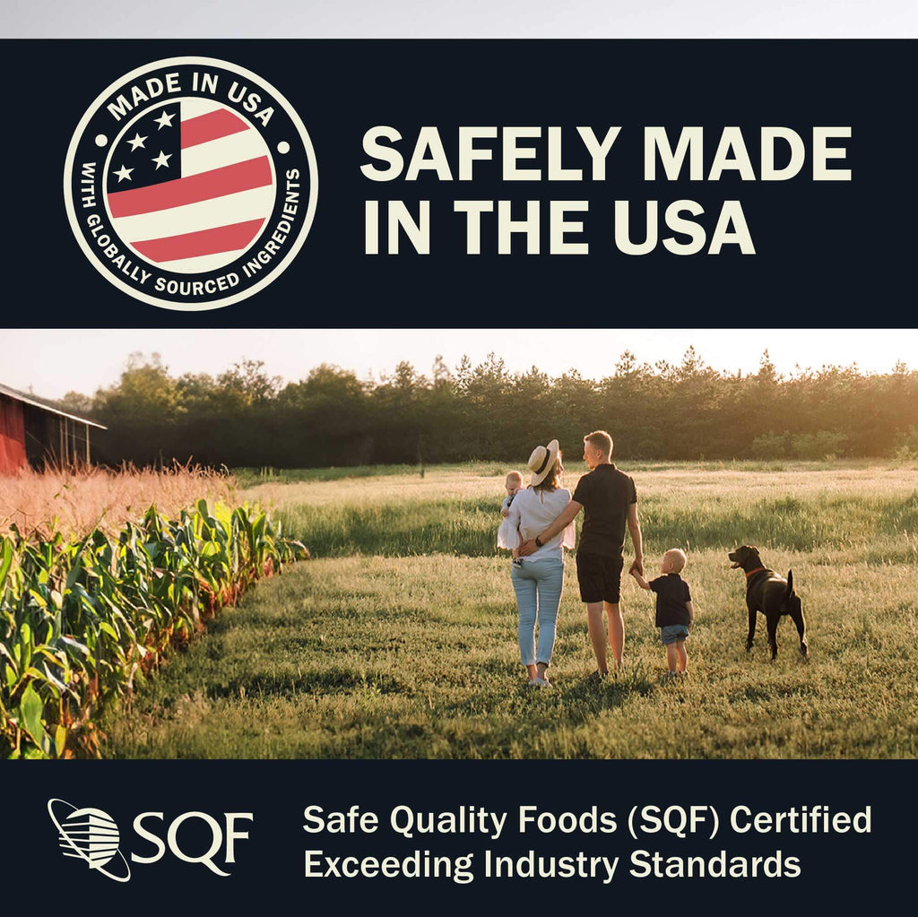 Family with children and dog walking in a field with 'Made in USA' and SQF certification logos.