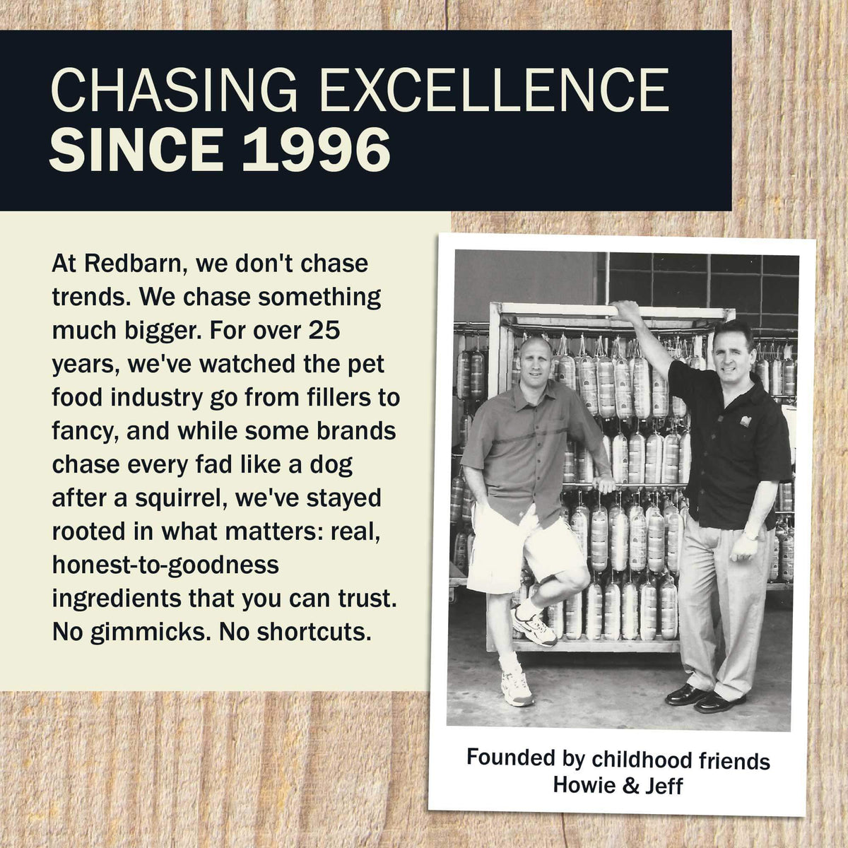 Advertisement for Redbarn pet food with text and a black and white photo of two men standing next to shelves of pet food.