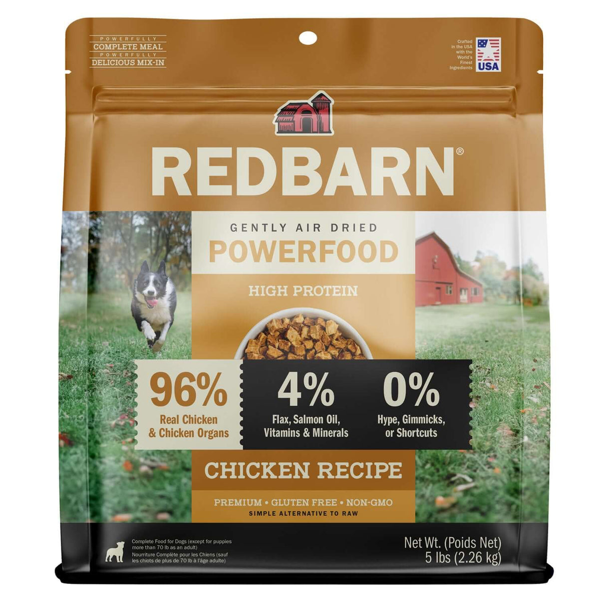 Redbarn powerfood high protein chicken recipe dog food package on a white background