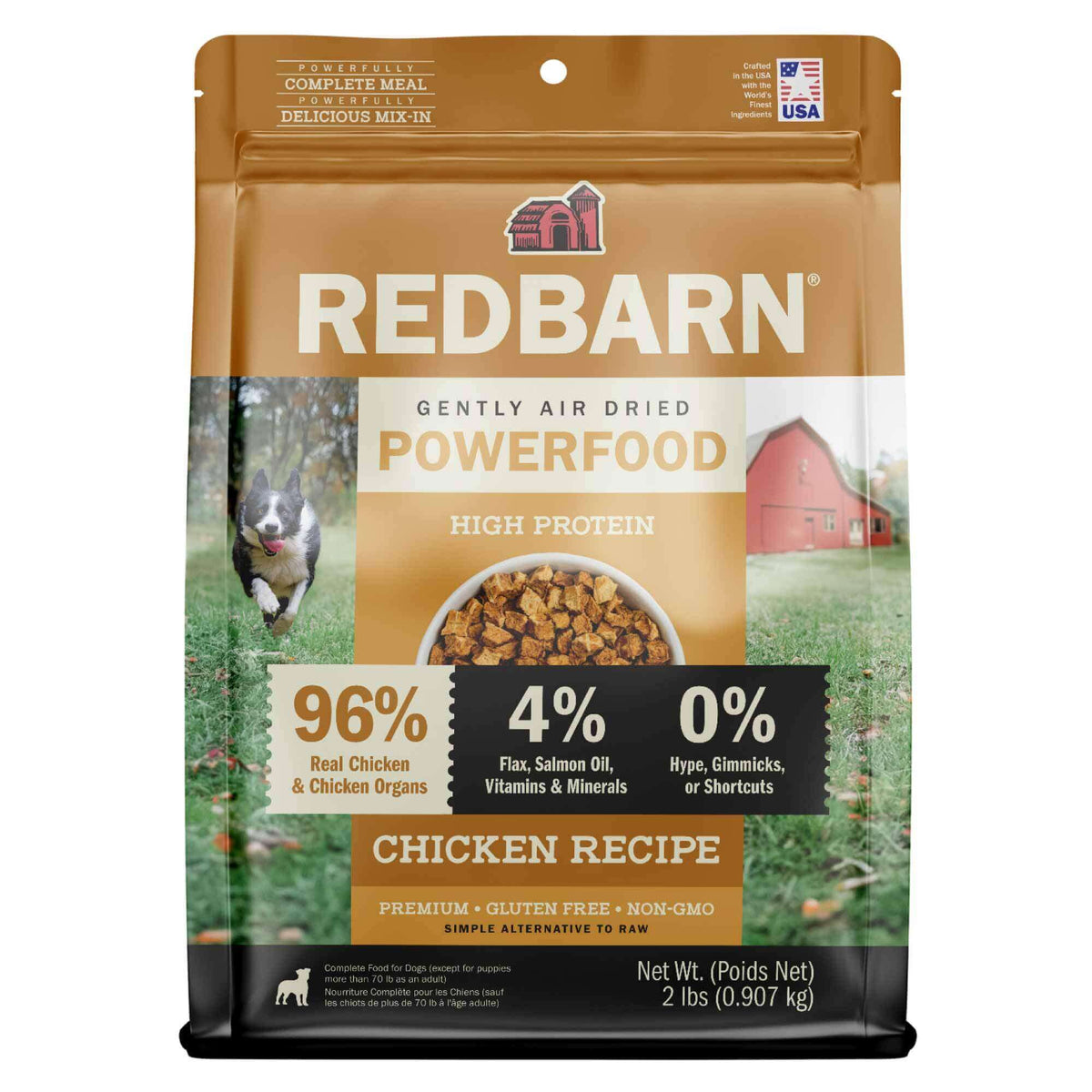 Redbarn Powerfood High Protein Chicken Recipe dog food package on a white background