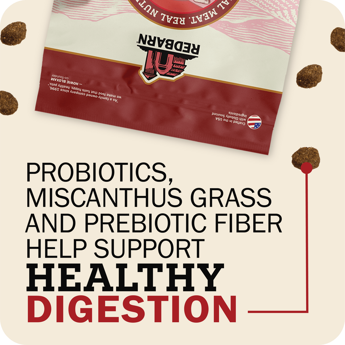Red Barn pet food package with text about probiotics, miscanthus grass, and prebiotic fiber on a beige background.