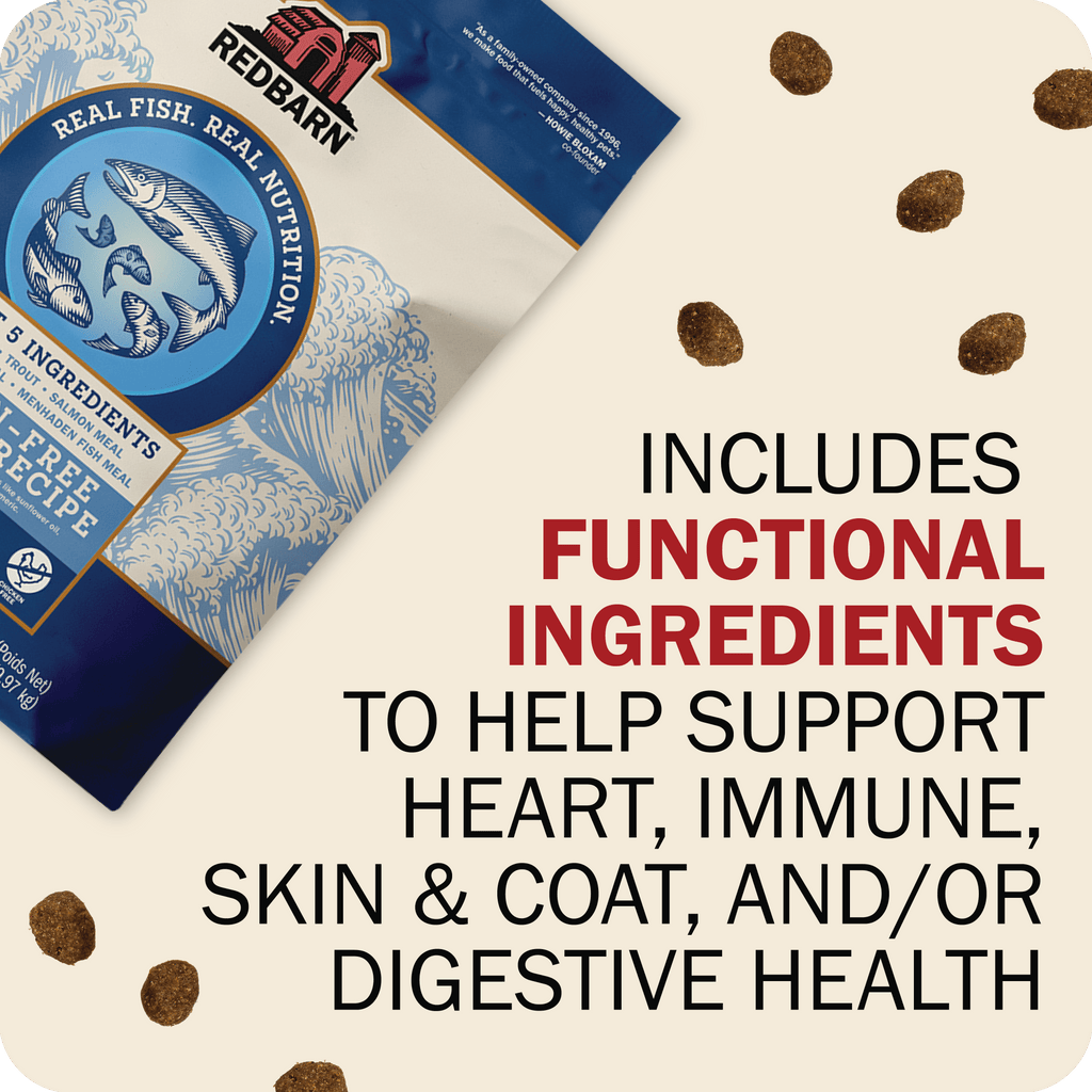 Redbarn pet food package with text about functional ingredients on a white background