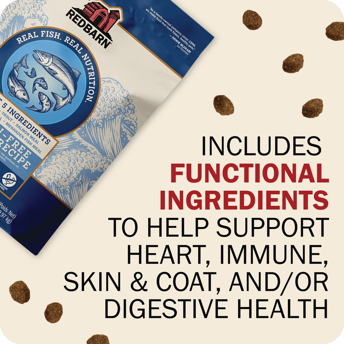 Redbarn pet food package with text about functional ingredients on a white background