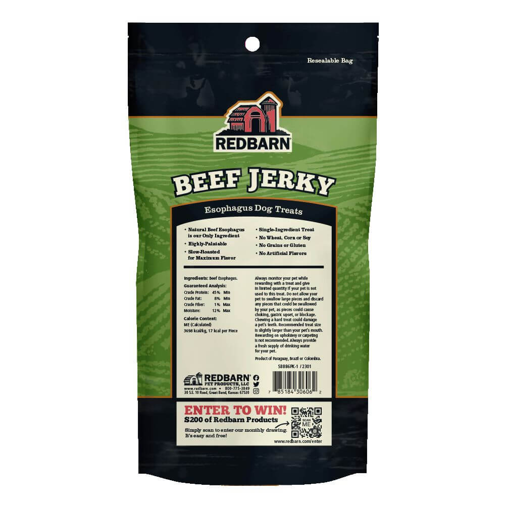 Back of the pack of the Redbarn Beef Jerky showcasing the Ingredients, Guaranteed Analysis, Calorie Content, Feeding Guide and Safety