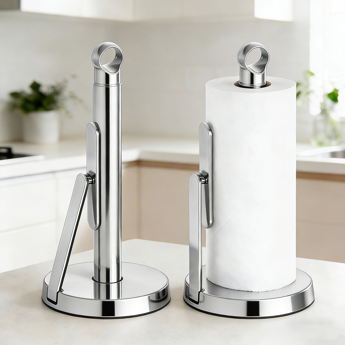 Paper Towel Holder Countertop – Stainless Steel Standing Dispenser with Tension Arm for One-Handed Tear