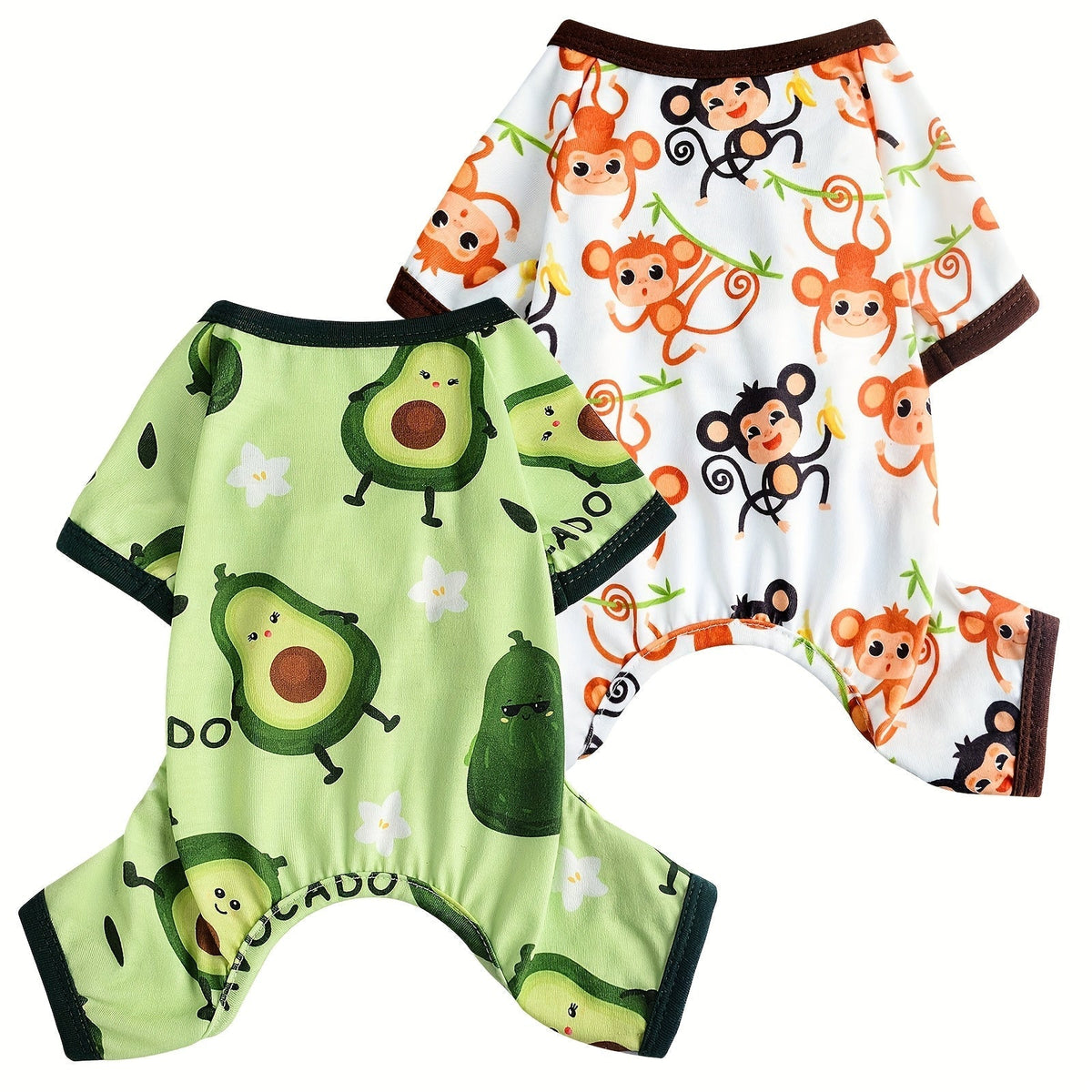 Two-Pack Dog Pajama Jumpsuits with Four Printed Pair Options and Complete XS–XXL Size Grid