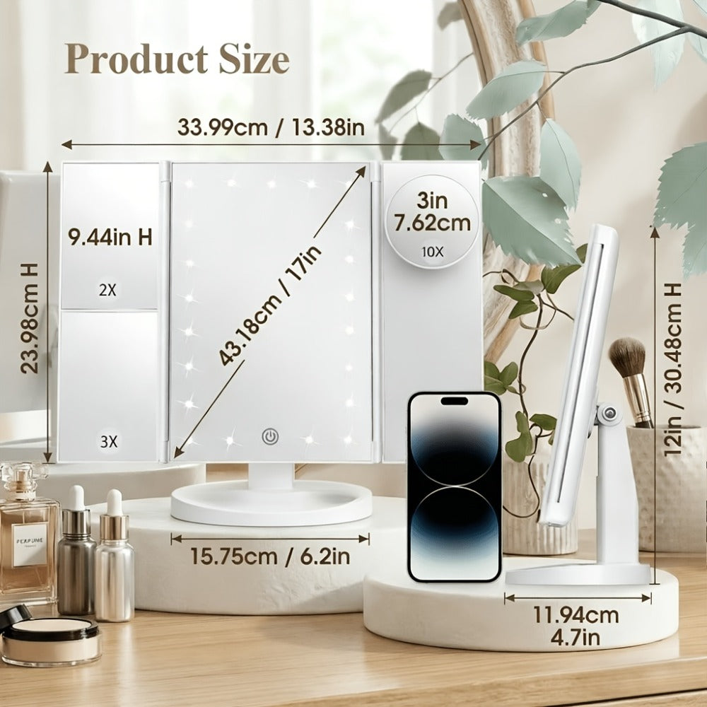 LED Tri-Fold Makeup Mirror with Touch Screen, 1X/2X/3X/10X Magnifying Vanity Mirror, Flexible Adjustable Base
