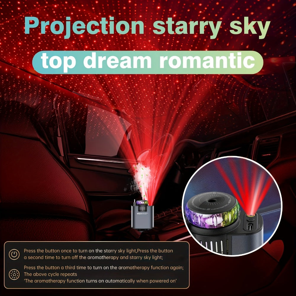 Car Charger with 80 cm Retractable Cable, Aroma Diffuser and Red Star Projector in a Black Plug-In Design
