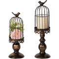 Birdcage Candle Holder Set of Two with Metal Pedestal Bases, Bird Finials, 30cm and 38cm Heights in Black or White