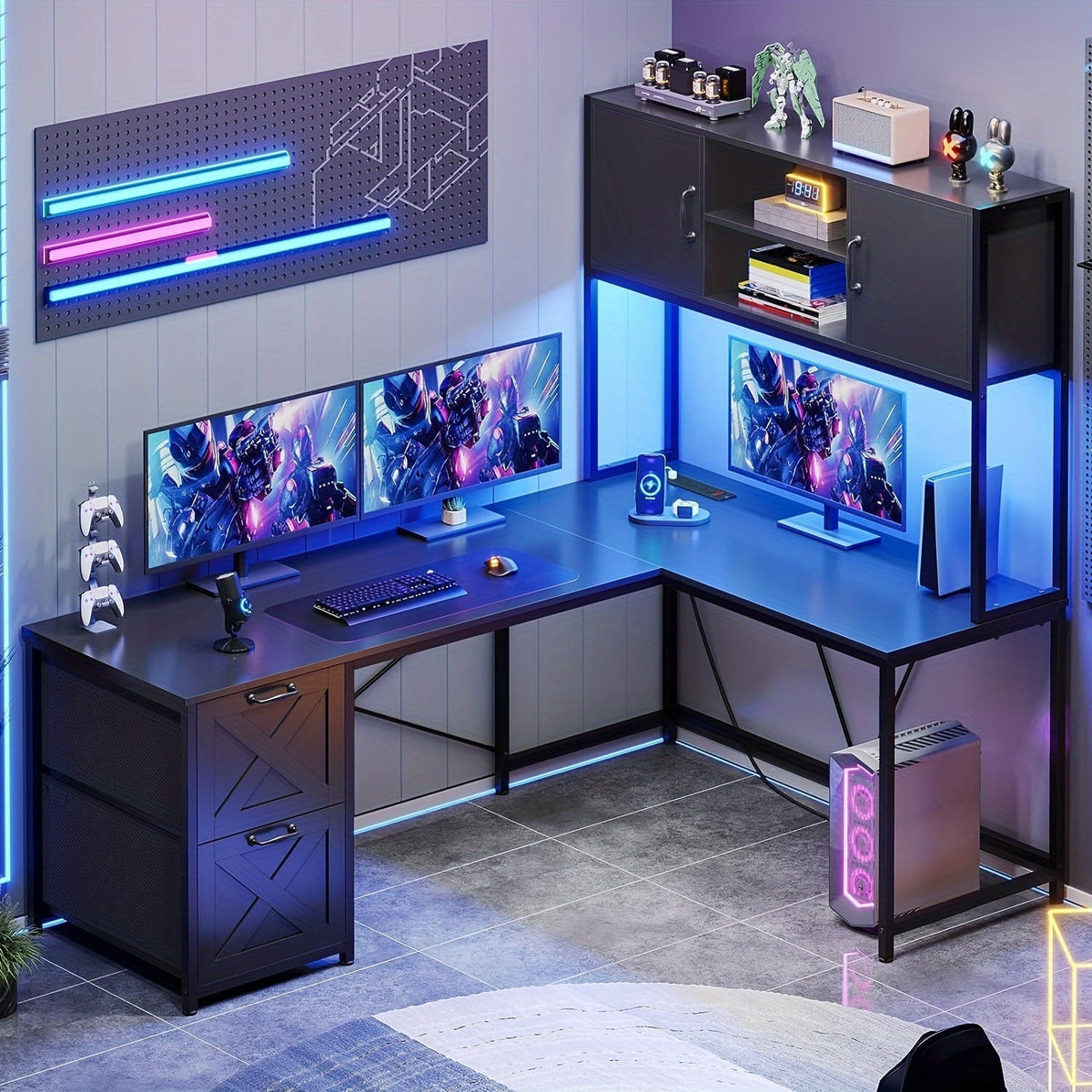 62.2-Inch L-Shaped Office Desk with Storage Drawers and Charging Station for Home Office
