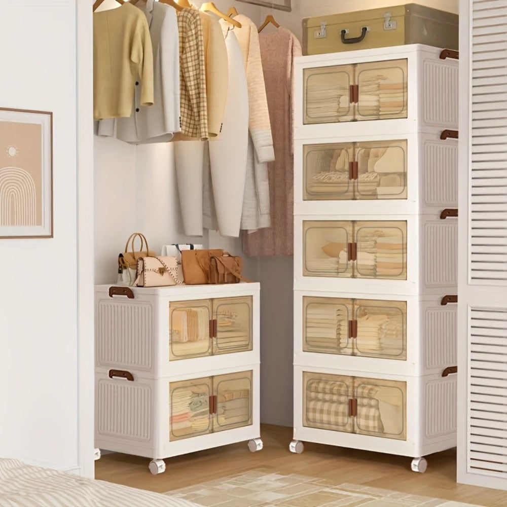 Foldable Storage Cabinet with Door, Multi-Layer Stackable Storage Box for Shoes, Clothes & Books