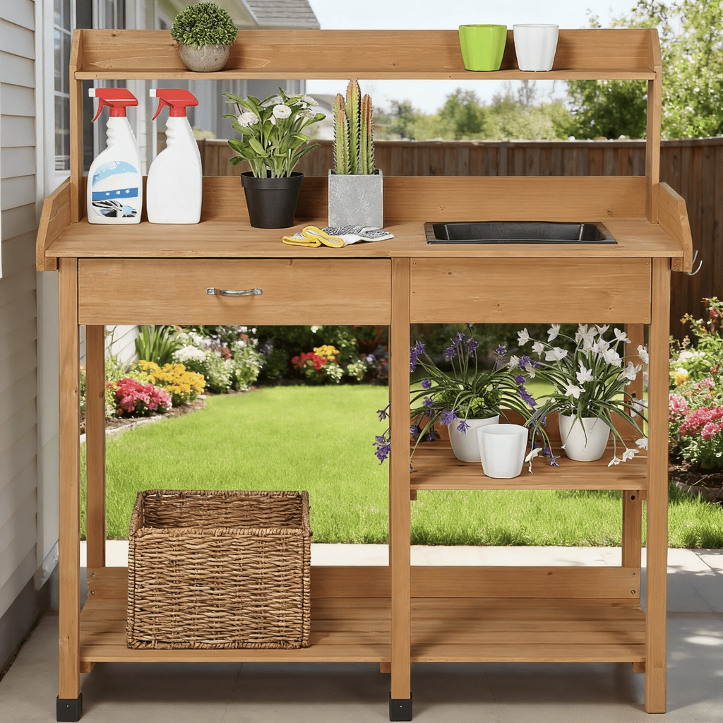 Garden Potting Table 4-Tier with Removable Sink, Adjustable Shelf, Drawer & Side Hooks, Outdoor Planter Stand for Yard Greenhouse in Wood