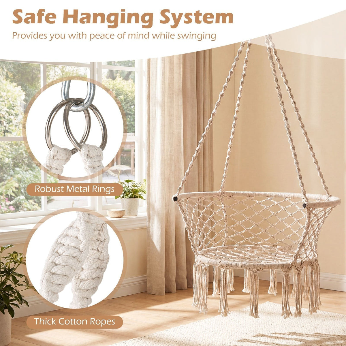 Beige Macrame Hammock Chair with Cotton Rope, Metal Frame and 31.5 x 26-Inch Hanging Seat Design