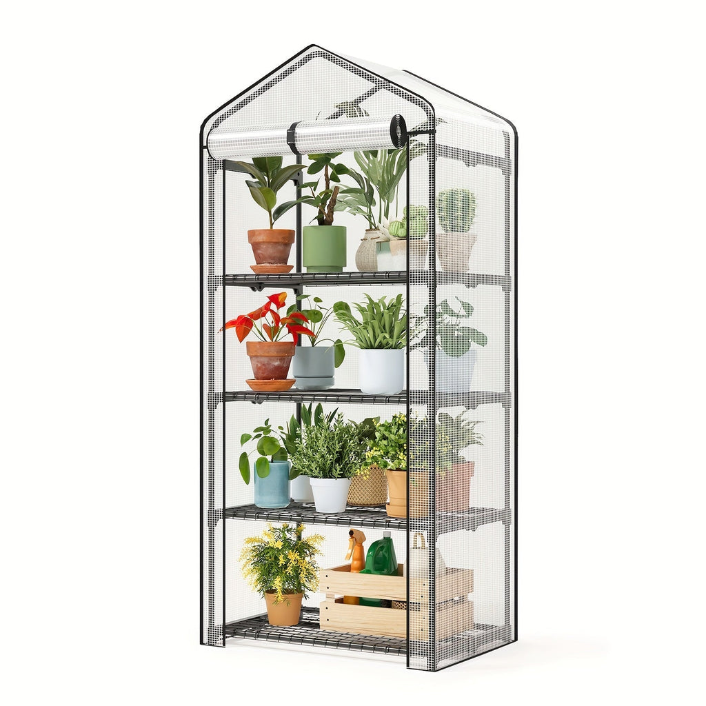 4 Tier Mini Greenhouse for Indoor Outdoor Plants, Portable PE Cover Greenhouse with Rack Stand for Seedlings