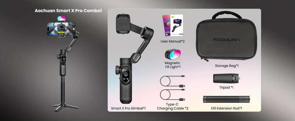 AOCHUAN Smart X Pro Combo 3-Axis Smartphone Gimbal Stabilizer, RGB Fill Light, Extension Rod