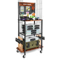 Fishing Rod Holder Rack for Garage Holds Up to 10 Rods Iron Construction with Pegboard Hooks Rolling Wheels Fishing Pole Storage Organizer