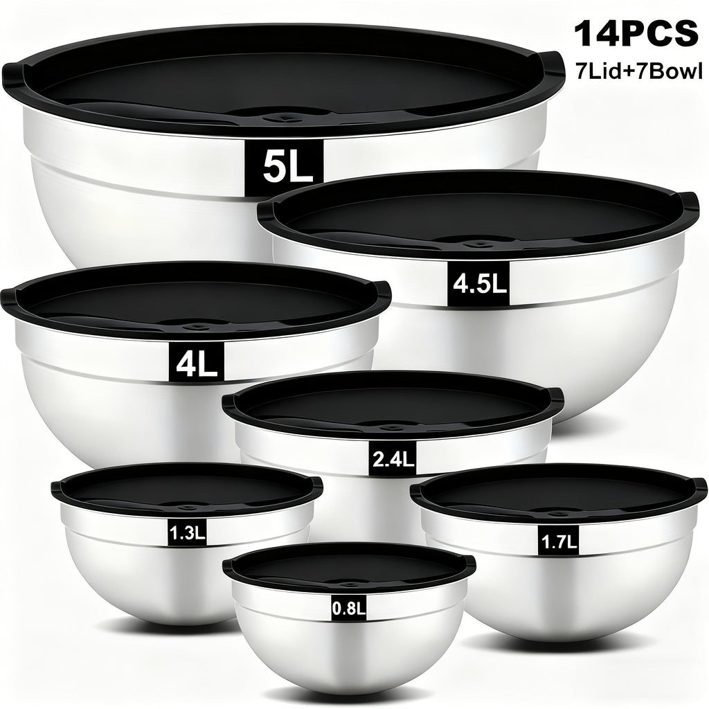 Stainless Steel Mixing Bowls with Airtight Lids Set of 14 Seven Nesting Bowls 0.7 to 4.5QT for Home Cooking, Dining and Outdoor Meals