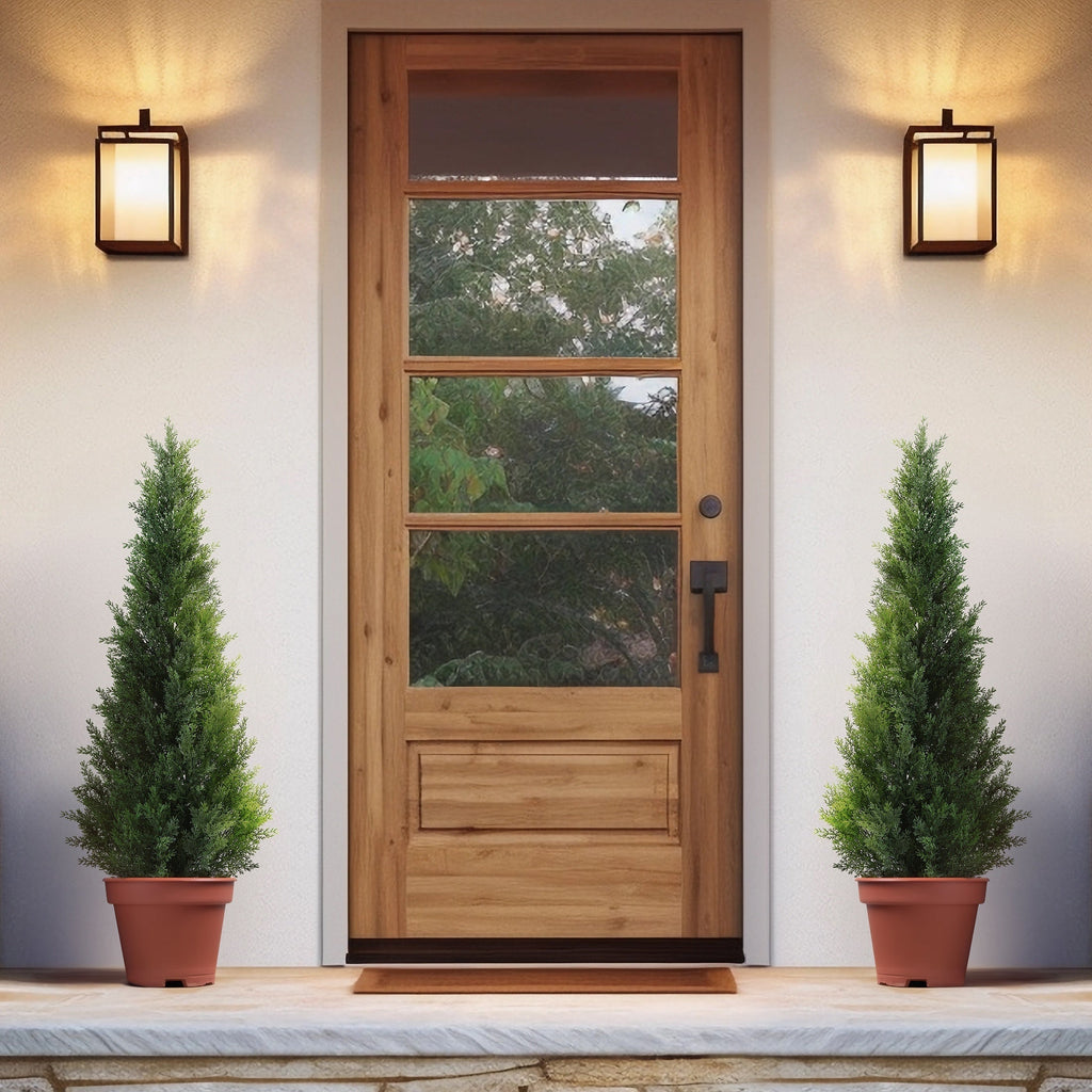 Artificial Cedar Topiary Tree with 3, 4 or 5 ft Height Options, Black Pot and Single or Two-Tree Sets