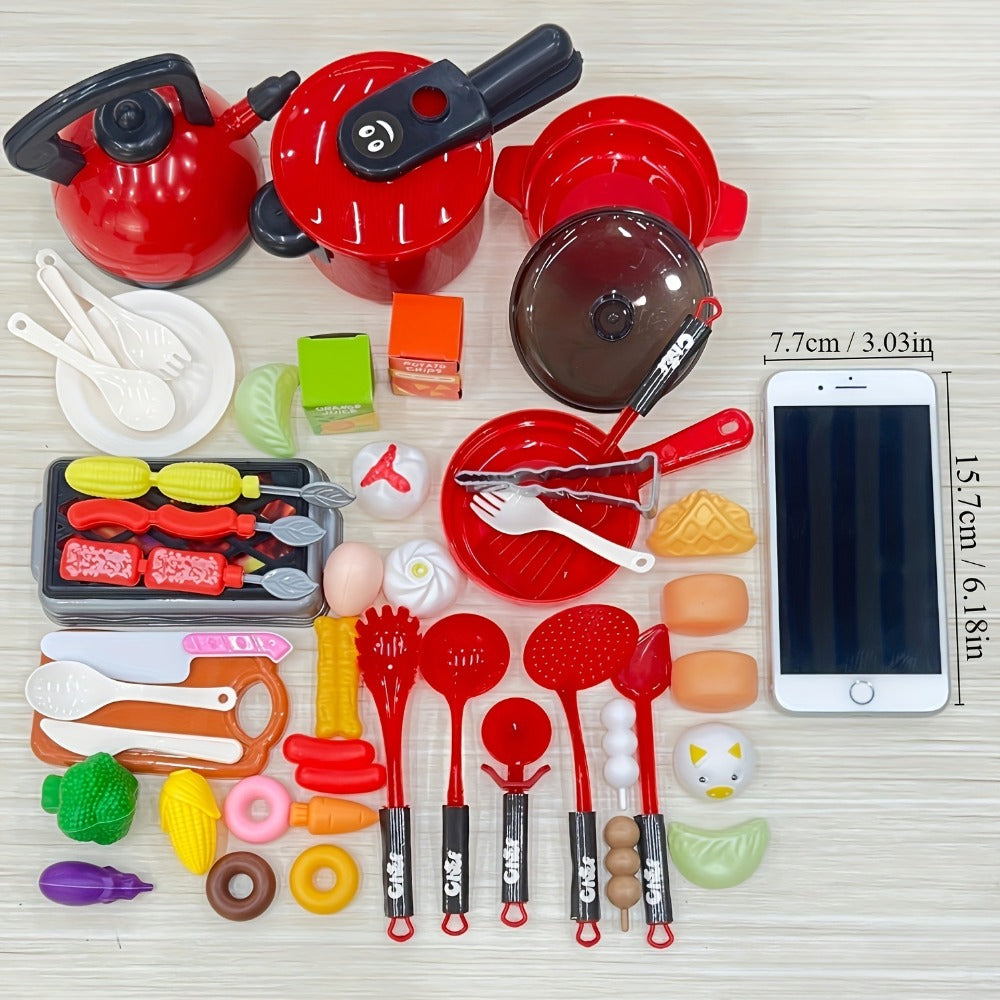 Kids Pretend Play Kitchen Set 51 Pcs, Cookware Tableware & Play Food Toddler Kitchen Toy for Boys & Girls Ages 3+