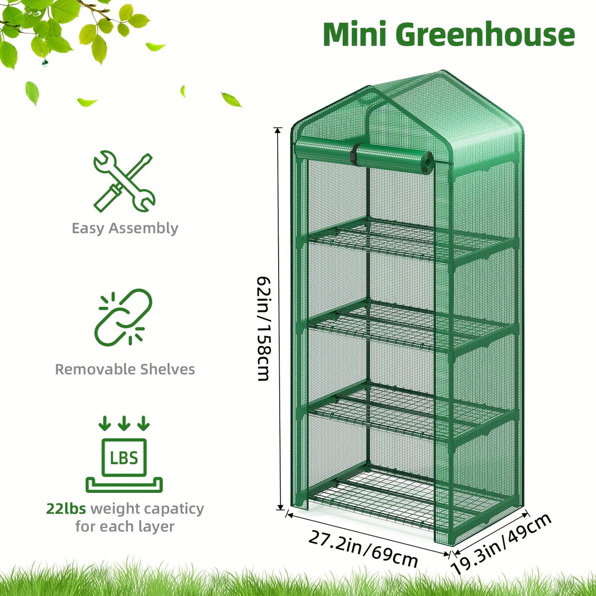 4 Tier Mini Greenhouse for Indoor Outdoor Plants, Portable PE Cover Greenhouse with Rack Stand for Seedlings
