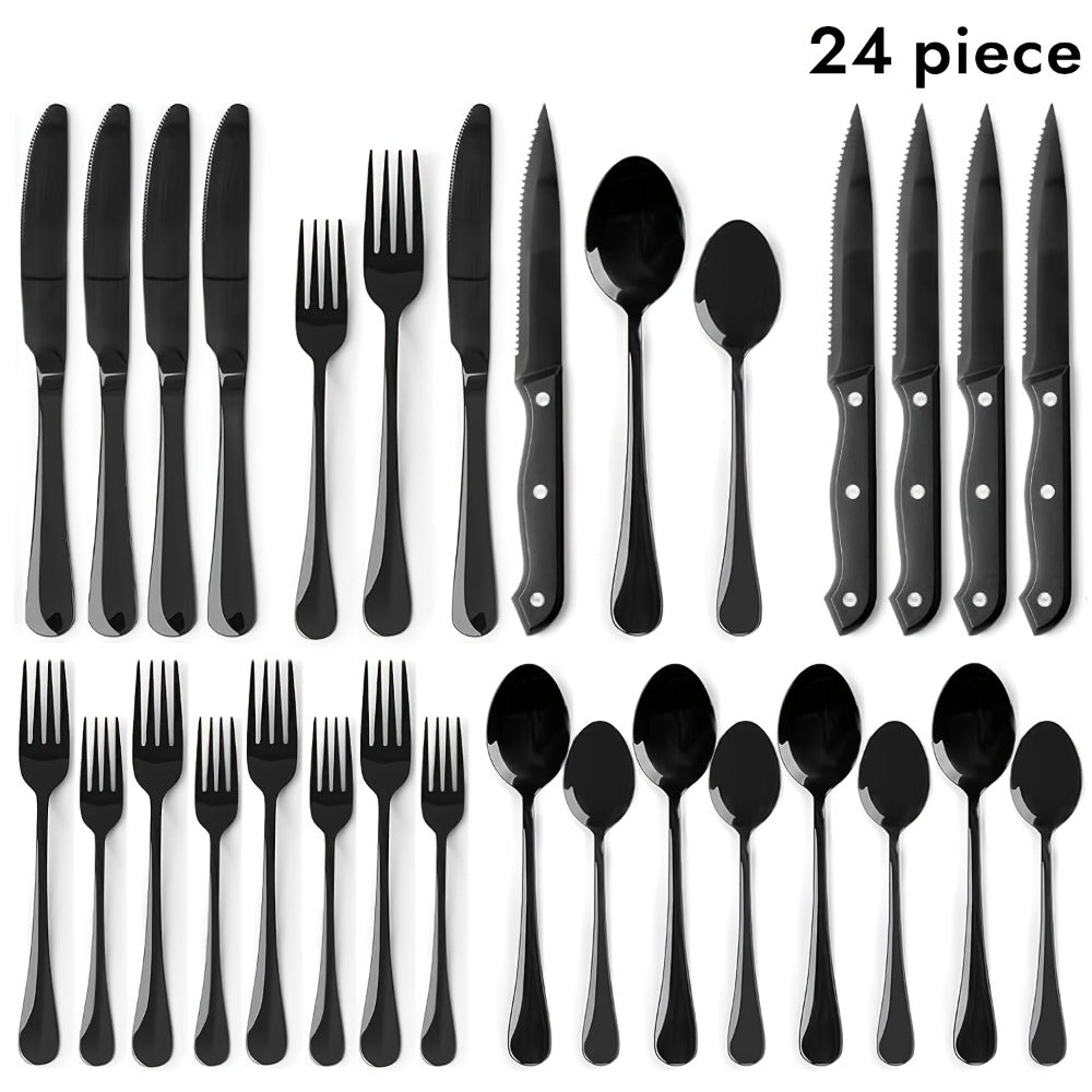 Serrated Steak Knife Dining Set with Six-Piece Place Settings, 24 or 48 Utensils in Silver or Black