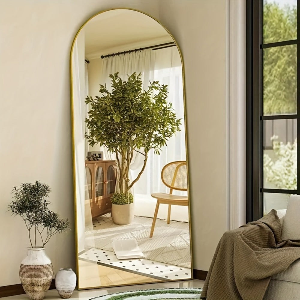 Full Length Mirror Floor Standing, Arched & Rect Body Mirror with Stand, Hanging or Leaning Wall Mirror, Aluminum Alloy Thin Frame