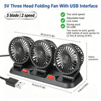 USB 3-Head Desk Fan Quiet Operation Adjustable Speed Powerful Efficient Cooling for Home for Home, Office and Desktop Air Circulation