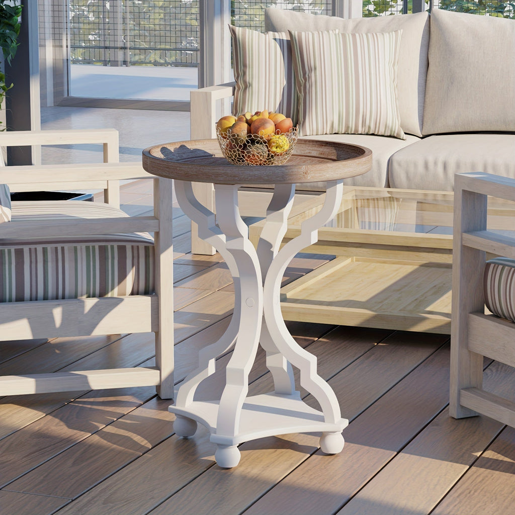 Side Table Rustic Raised-Tray Accent Design with Distressed Wood-Like Finish in Square or Round Shape