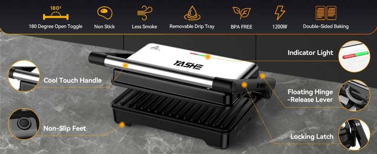 Panini Press Sandwich Maker 1200W, Non-Stick Cast Aluminum Grill with 180-Degree Opening, 2-Slice Panini Maker with Indicator Lights