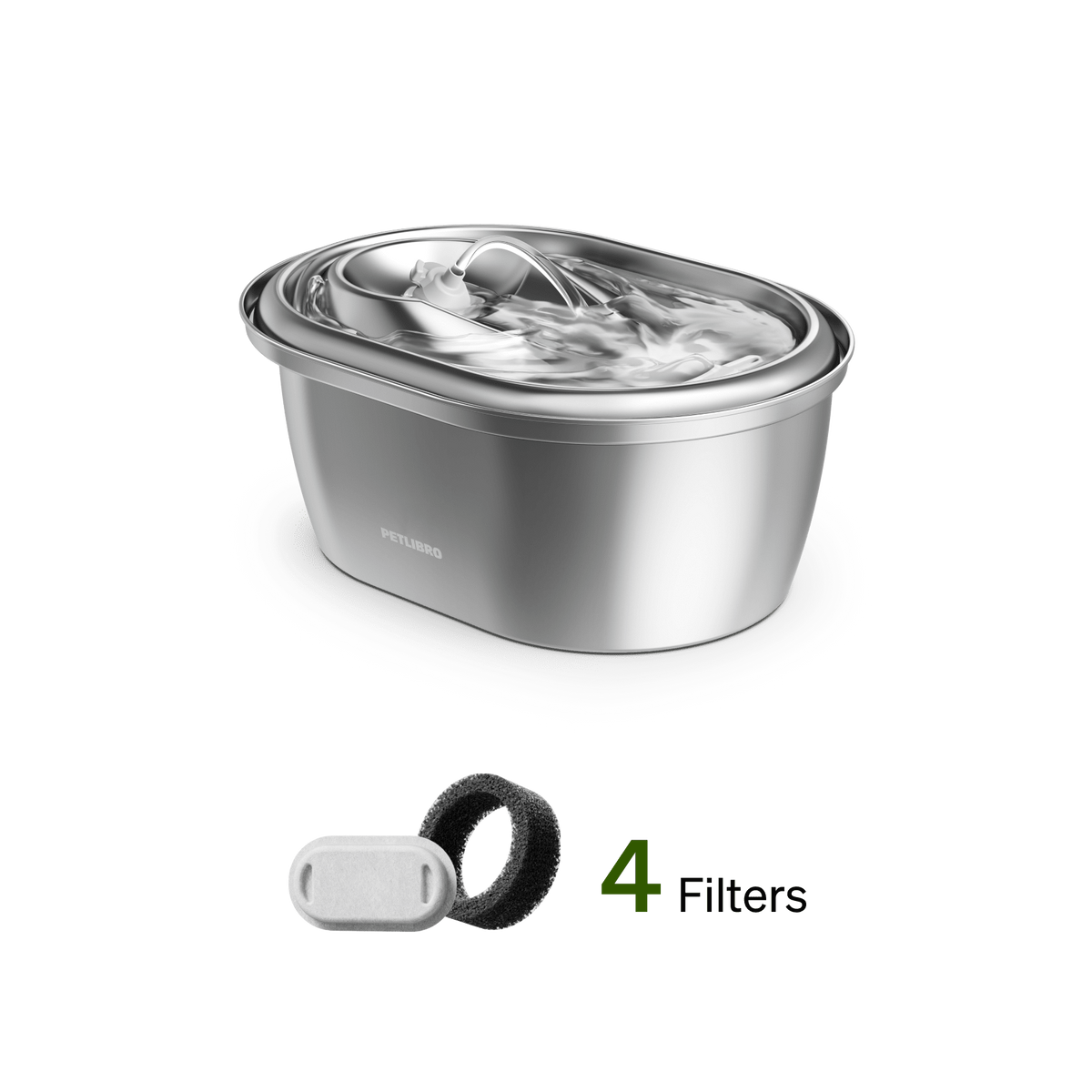 Petlibro stainless steel pet water fountain with circulating water and replacement filters shown