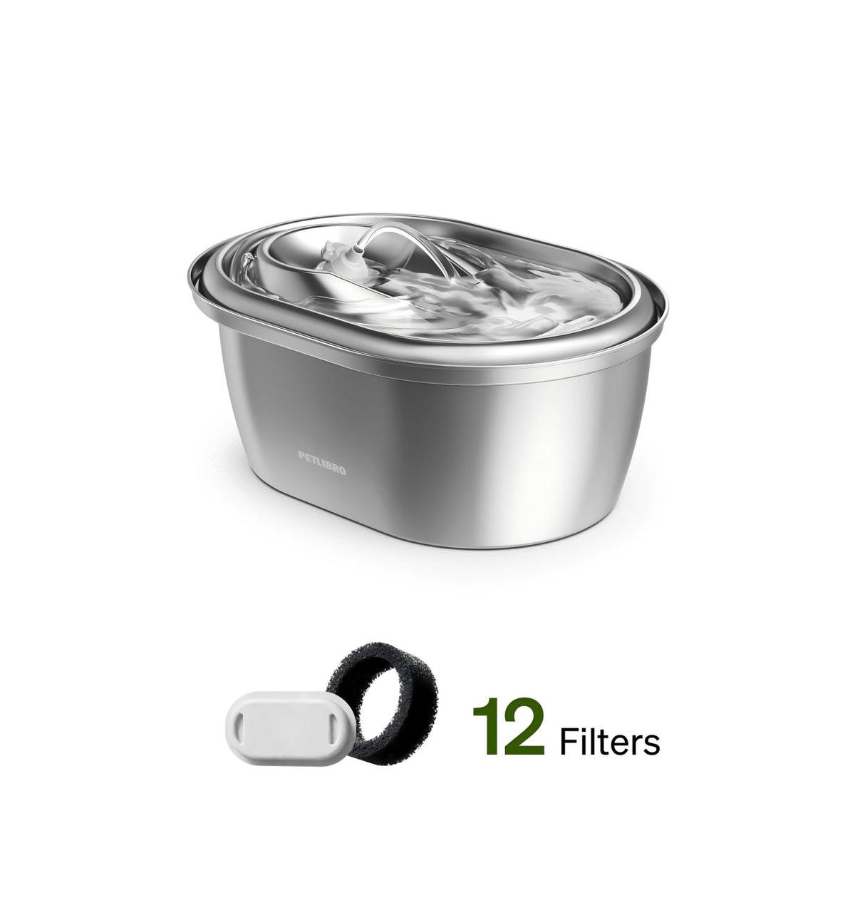 Stainless Steel Pet Water Fountain, Fountain & 12 Filters