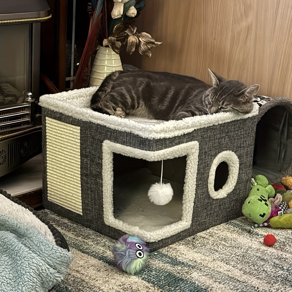 Cat House Foldable Multi-Layer 2-Tier Bed Toy Tunnel Scratching Post Plush Hanging Ball Canvas Nylon Frame All-Season Indoor Cat Cube
