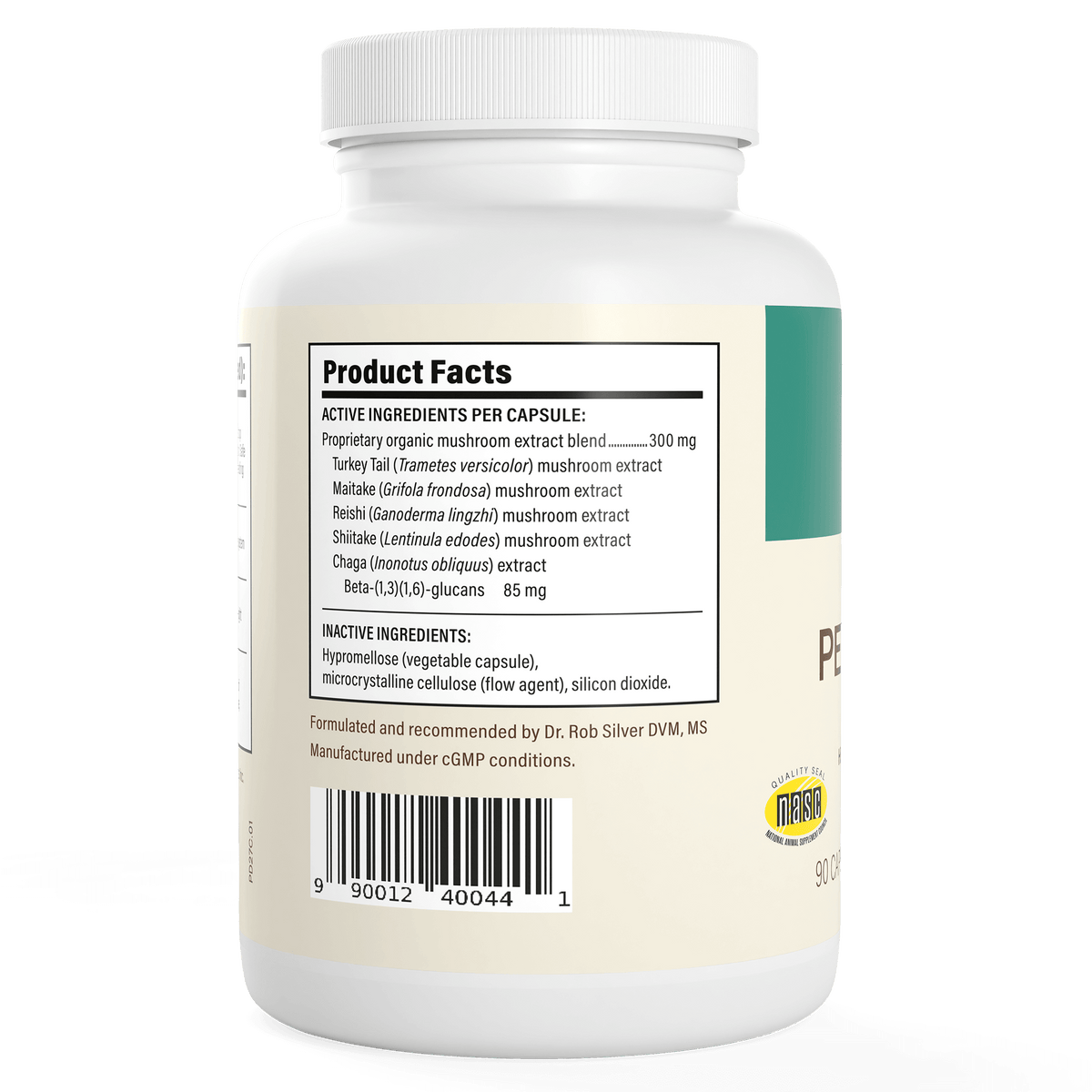 The Real Mushrooms Pet Defenders™ Organic Mushroom Blend Capsules for Pets bottle displays the product facts label with active and inactive ingredients, including beta-glucan-rich organic mushroom extracts for pet immune support. Barcode and certifications are shown.
