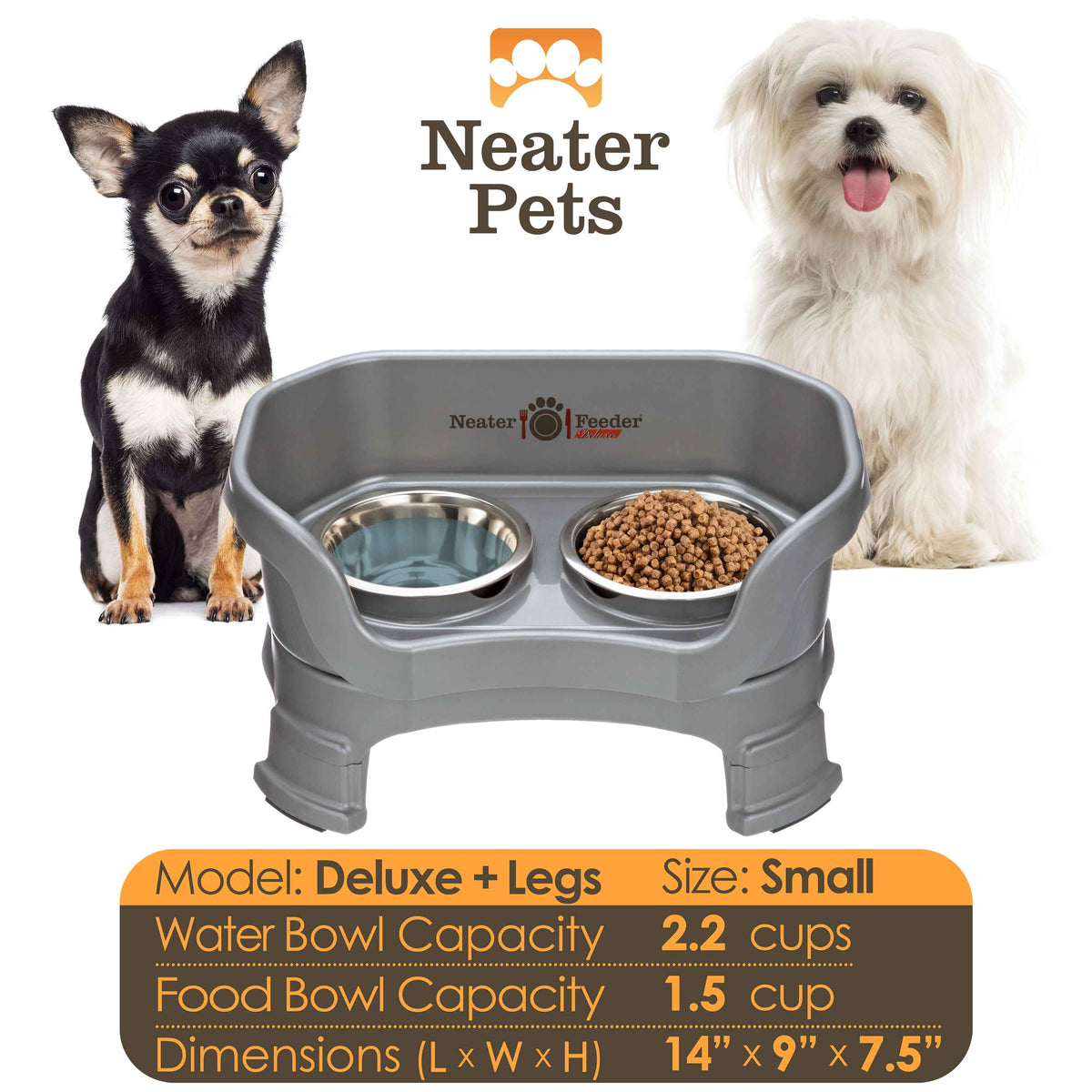 A chart displaying the Deluxe small with leg extension bowl capacity and dimensions, with two small dogs on either side of the chart.
