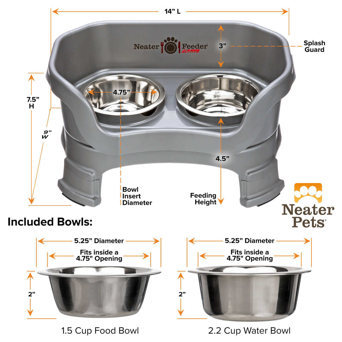 A chart showing the dimensions of the Neater Feeder Deluxe small with leg extensions as well as the stainless steel bowls against a white background.