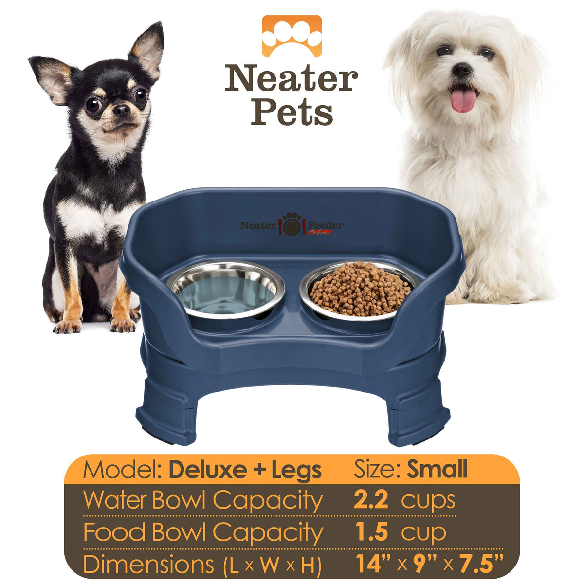 A chart displaying the Deluxe small with leg extension bowl capacity and dimensions, with two small dogs on either side of the chart.