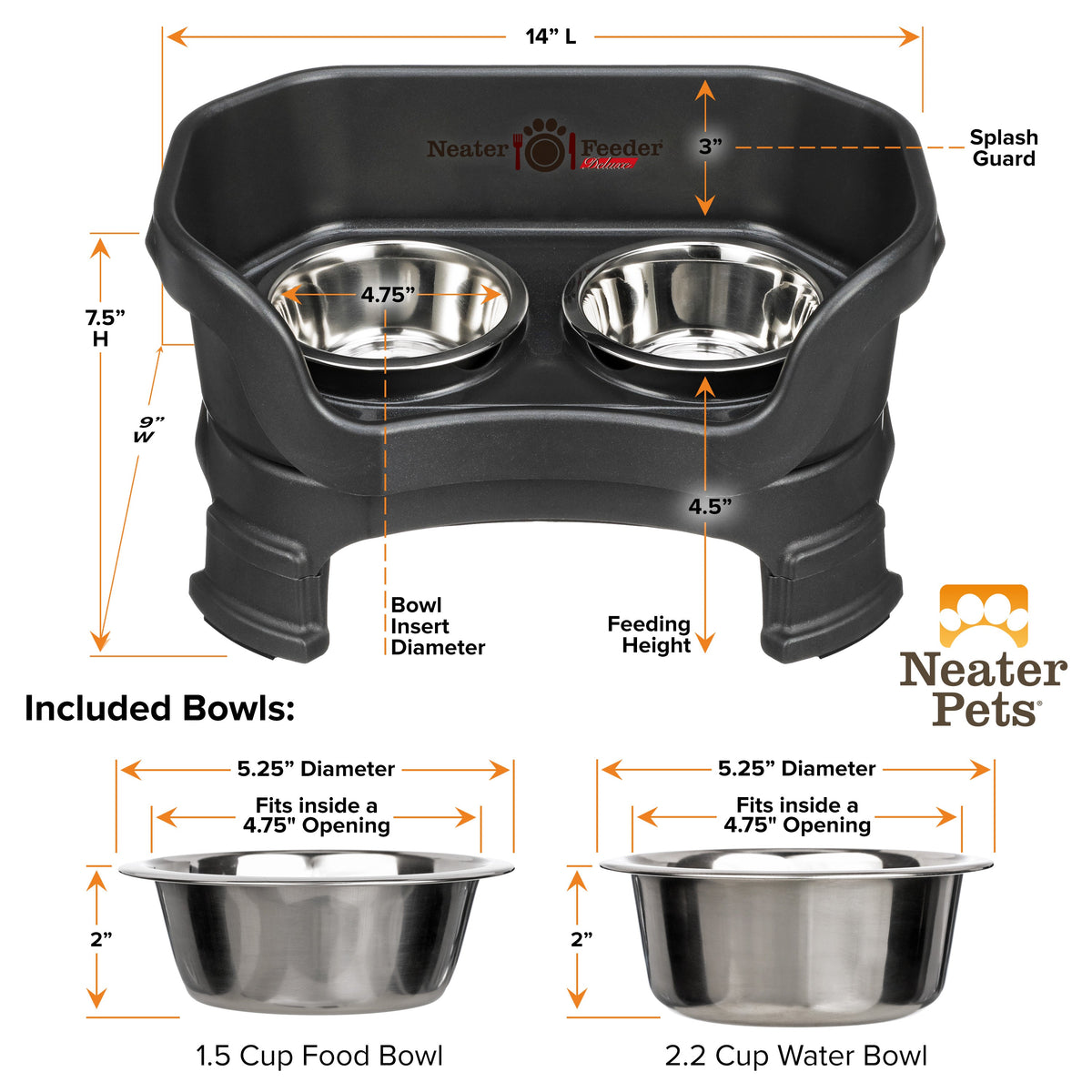 A chart showing the dimensions of the Neater Feeder Deluxe small with leg extensions as well as the stainless steel bowls against a white background.