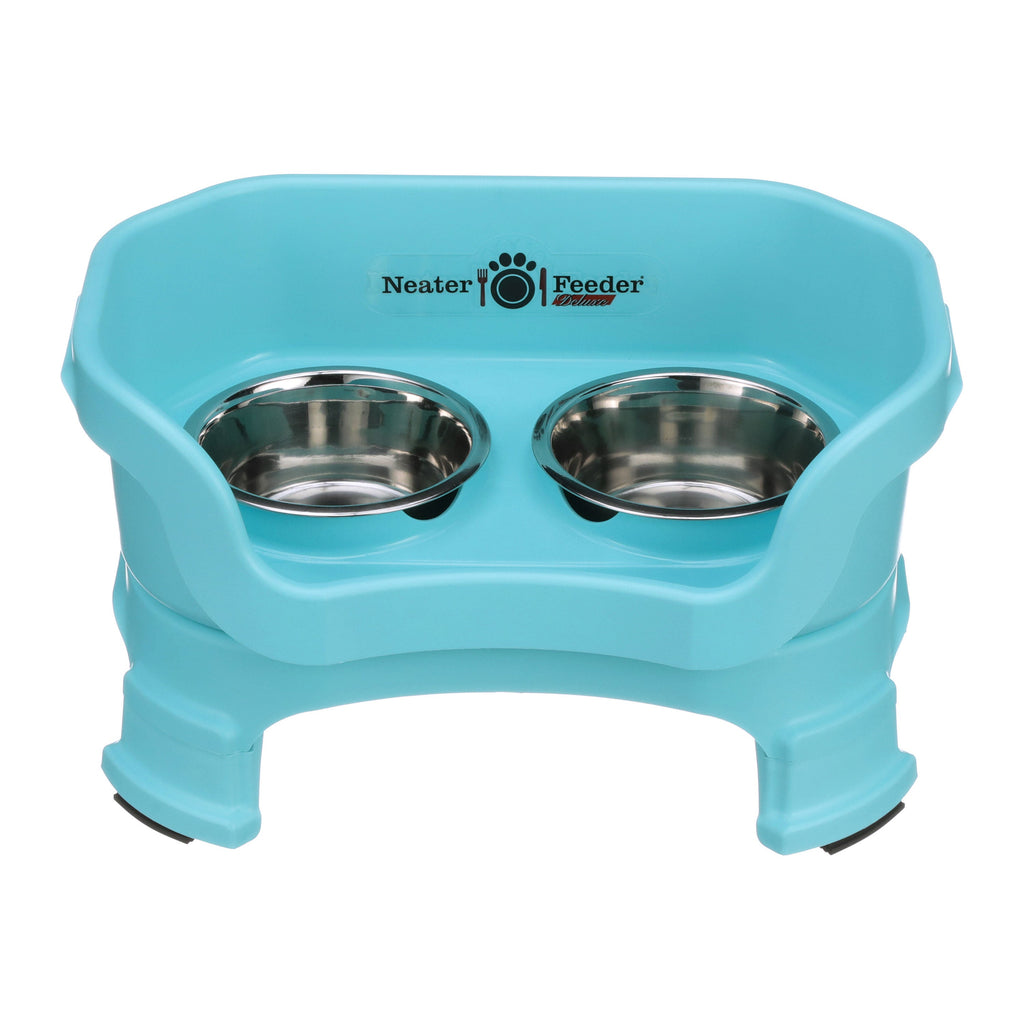 Neater Feeder Deluxe small with leg extensions in Aqua with two stainless steel bowls against a white background.