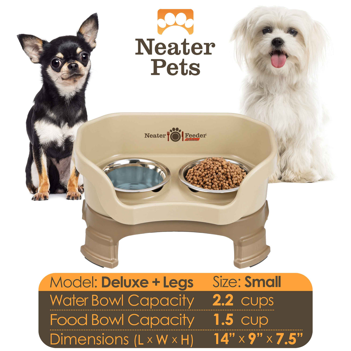 A chart displaying the Deluxe small with leg extension bowl capacity and dimensions, with two small dogs on either side of the chart.