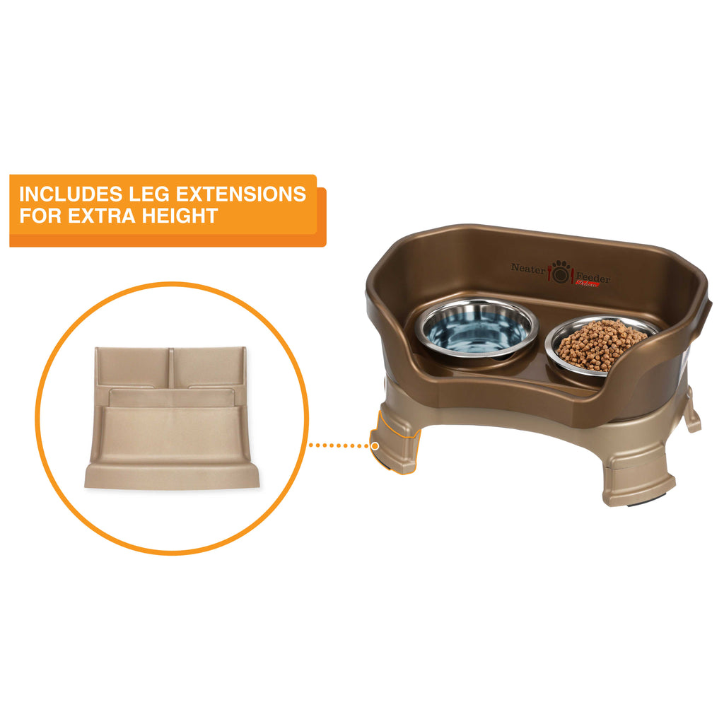 The Neater Feeder Deluxe small with a close-up of the leg extensions that are included.