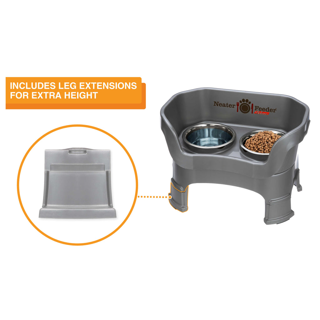 The Neater Feeder Deluxe medium with a close-up of the leg extensions that are included.