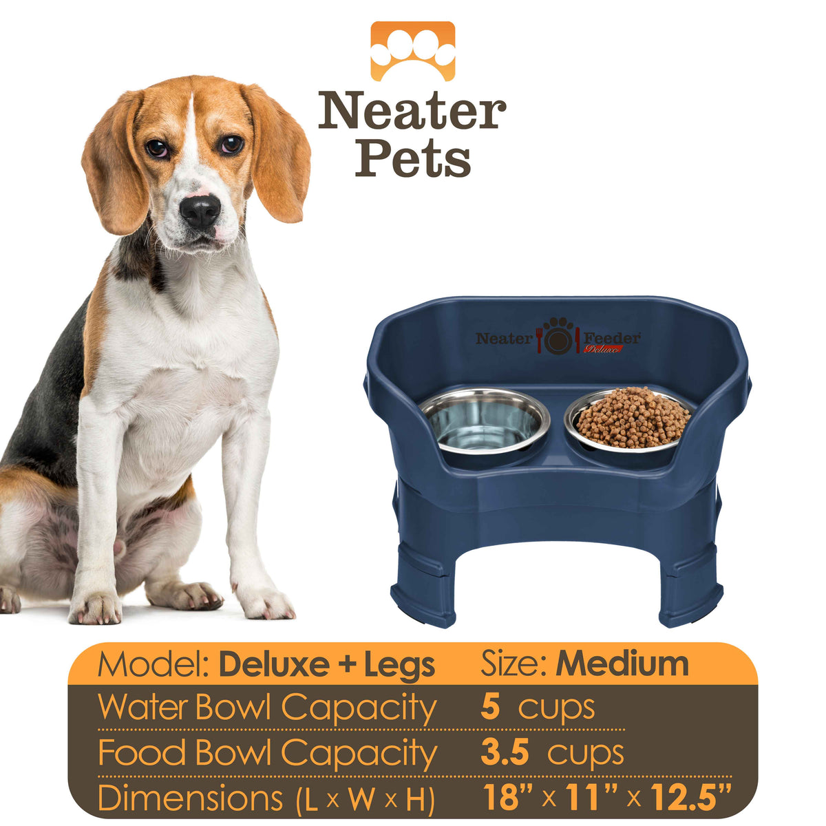 A chart displaying the Deluxe medium with leg extension bowl capacity and dimensions, with a medium-sized dog next to the chart.