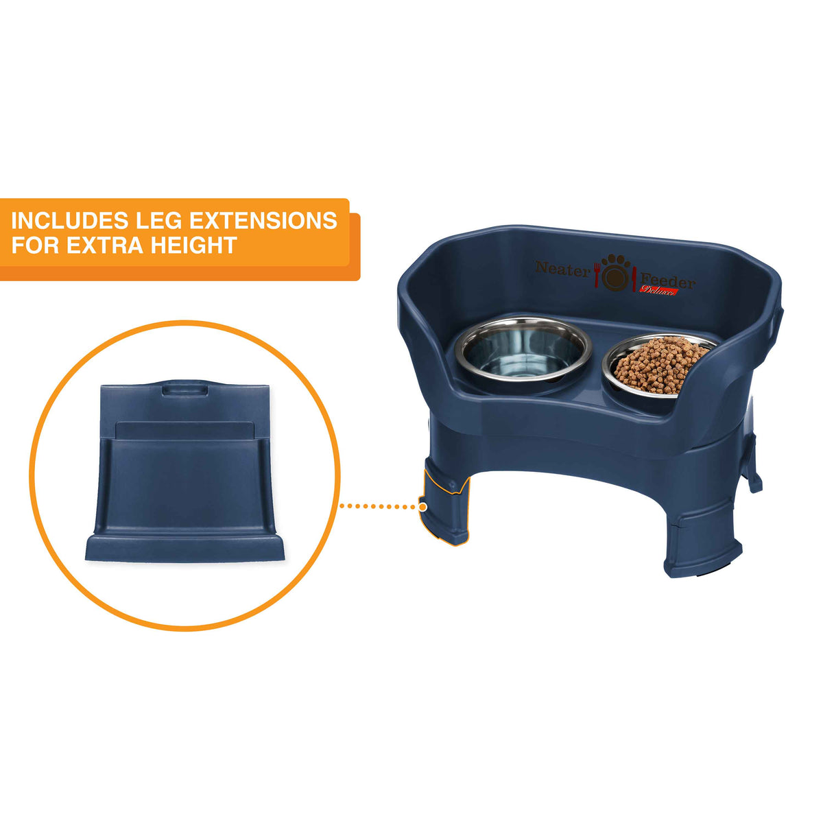 The Neater Feeder Deluxe medium with a close-up of the leg extensions that are included.