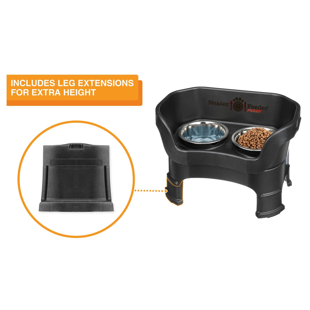 A chart showing the dimensions of the Neater Feeder Deluxe medium  with leg extensions as well as the stainless steel bowls against a white background.