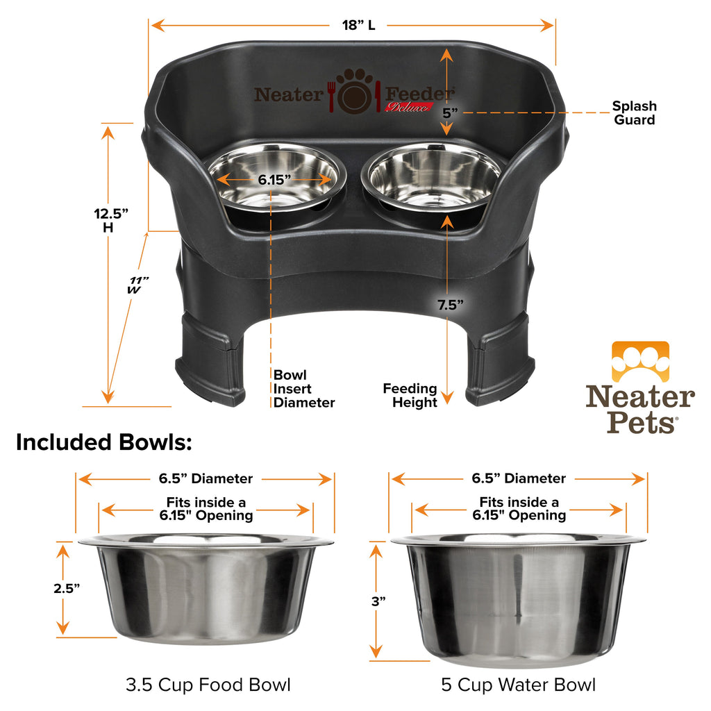 A chart showing the dimensions of the Neater Feeder Deluxe medium  with leg extensions as well as the stainless steel bowls against a white background.