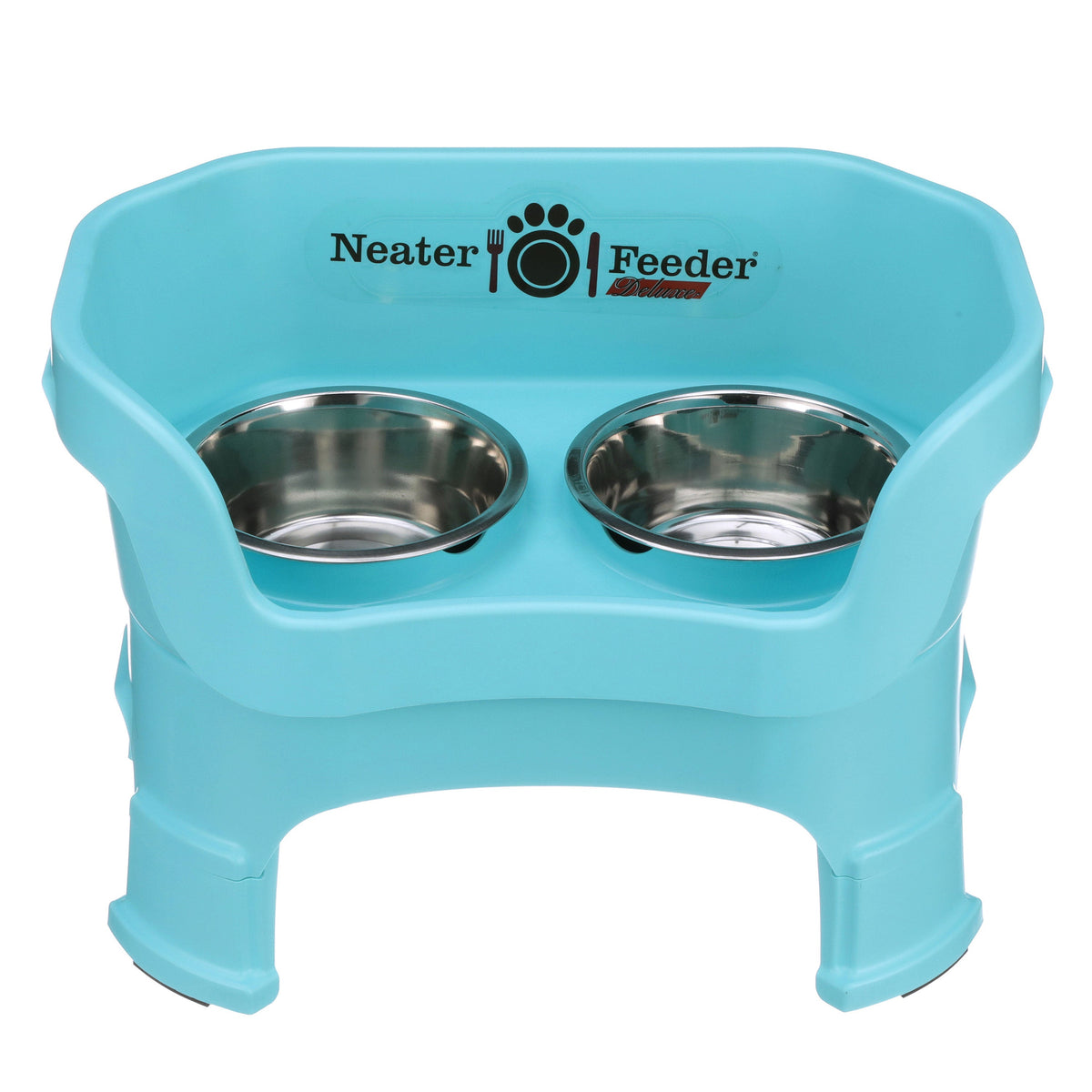 Neater Feeder Deluxe medium with leg extensions in Aqua with two stainless steel bowls against a white background.